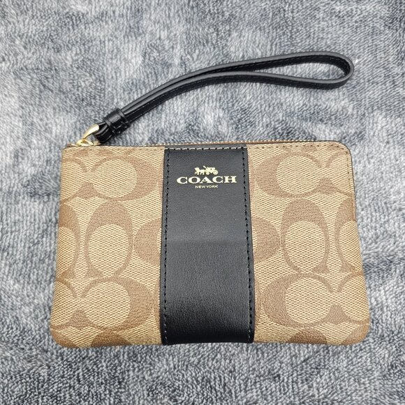 Coach Corner Zip Wristlet SIG PVC leather  F58035 Strap Khaki Black new open box - Picture 8 of 16